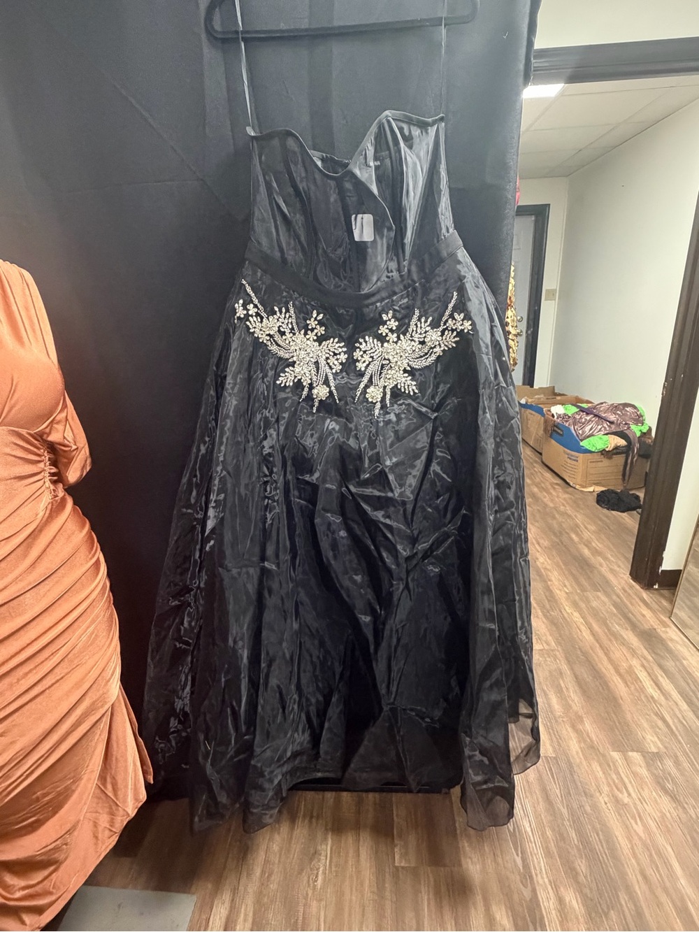 Black Strapless Ball Gown Dress with Embellished Waist